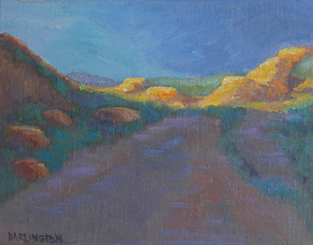 Painting of a path in a birch tree forest